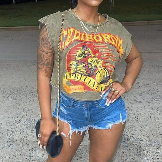 Womens Sleeveless Cropped Graphic Shirt