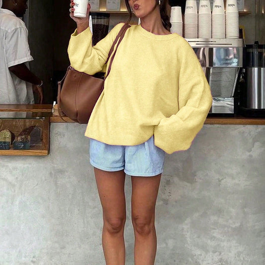 Yellow Solid Color Round Neck Long Sleeved Knitted Women's